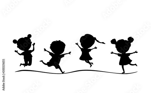 Vector illustration black silhouette kids running and jumping isolated on white background
