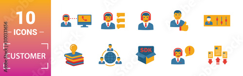 Customer Service icon set. Include creative elements agent console, case priority, satisfaction, helpdesk, knowledge base icons. Can be used for report, presentation, diagram, web design