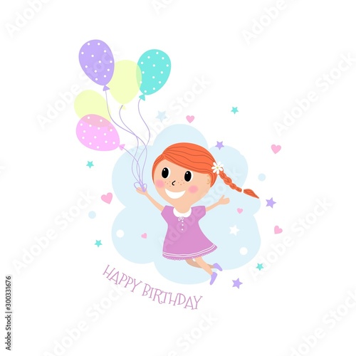 happy girl in pink dress with balls, cartoon design