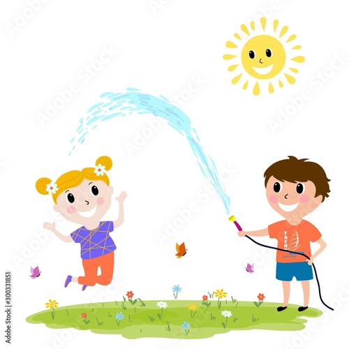 happy kids playing outdoors, boy hosing, cartoon design