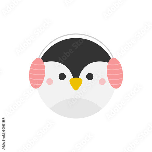 Penguin cute christmas round character vector illustration. Winter, seasonal, holiday, festive xmas animal head. Isolated cartoon graphic icon.