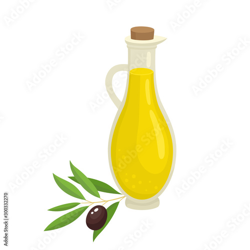 Olive oil glass jug with olive branch isolated on white background.