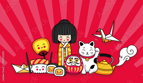 Kawaii japanese symbols. Cute cartoon concept for t-shirt, print, poster, postcard, souvenir and notebook.