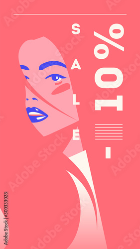 Vector fashion portrait of a model girl. Retro trendy coral color stories template. Sale Banner 10 percent Off (ID: 300333028)