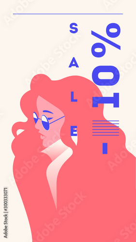 Vector fashion portrait of a model girl. Retro trendy coral color stories template. Sale Banner 10 percent Off (ID: 300333071)