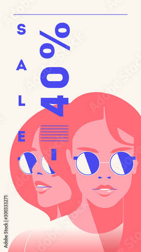 Vector fashion portrait of a model girl. Retro trendy coral color stories template. Sale Banner 40 percent Off (ID: 300333271)