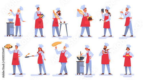 Collection of people in apron making tasty dish
