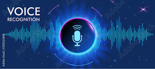 Musical banner with glowing equalizer on dark background. Voice recognition, icon microphone in center of the circle. vector Illustration.