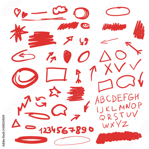 Set of graphic signs. Arrows, circles, correction lines, underlines, highlighting elements. Felt tip marker pen. Vector illustration.