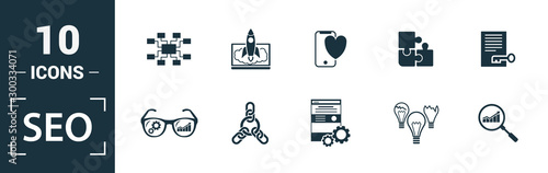 Seo icon set. Include creative elements search optimization, search result, right solution, code optimization, website optimization icons. Can be used for report, presentation, diagram, web design