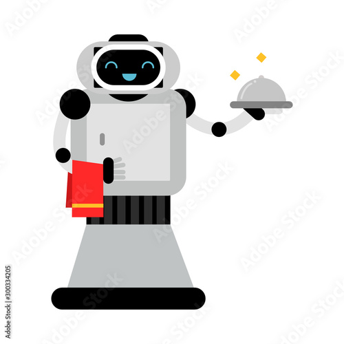 Kind robot home helper holds a closed dish. Vector illustration.