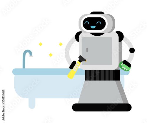 Cute robot home assistant stands near a clean bath. Vector illustration.