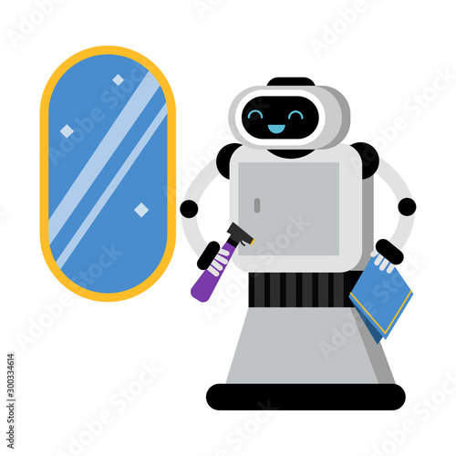 Cute robot home assistant near a brilliant mirror. Vector illustration.