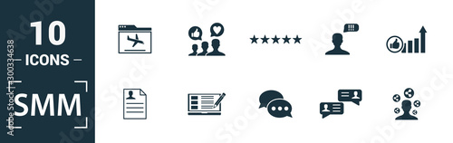 Smm icon set. Include creative elements content, copywriting, user information, budget planning, tops and ratings icons. Can be used for report, presentation, diagram, web design