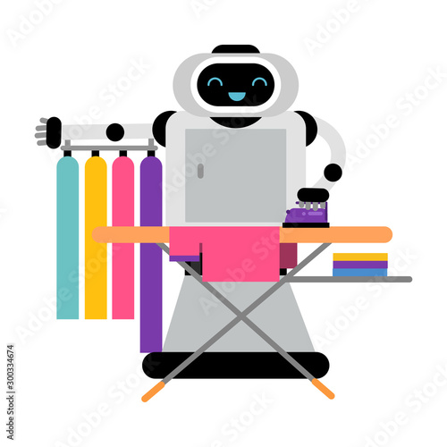 Cute robot home assistant is ironing things. Vector illustration.