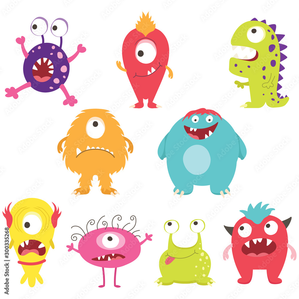 Naklejka Set of cute silly monsters with different emotions - happy, smiling, surprised, angry, anxious and foolish.