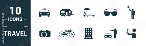Travel icon set. Include creative elements compass, aircraft, taxi, credit card, sun and mountains icons. Can be used for report, presentation, diagram, web design