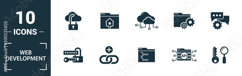 Web Development icon set. Include creative elements key search, seo, cloud storage, cloud management, network connection icons. Can be used for report, presentation, diagram, web design