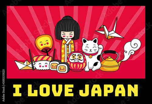 Travel to Japan. Cute cartoon concept for t-shirt, print, poster, postcard, souvenir. Kawaii kokeshi doll, maneki-neko, origami, sushi, ginkgo leaf and fan.
