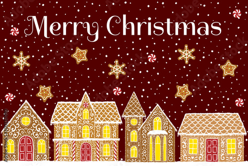 Merry Christmas greeting card with gingerbread house