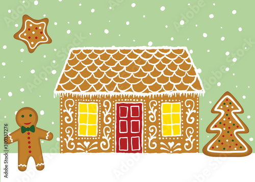 Christmas card with gingerbread house