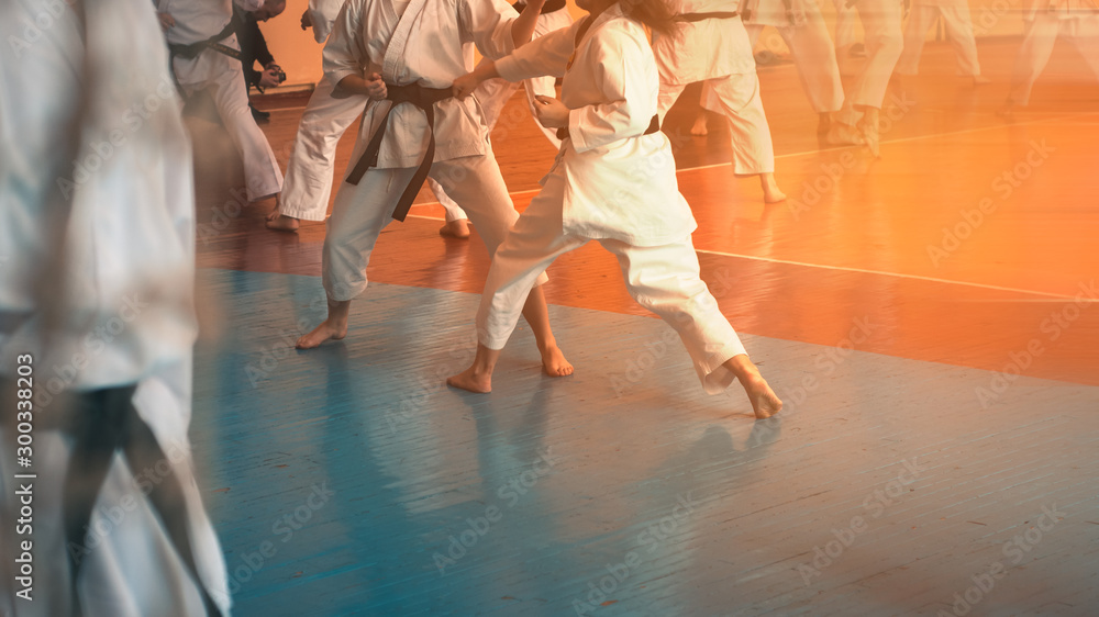 Kids training on karate-do. Banner with space for text. For web pages or advertising printing. Photo without faces. Kids training on karate-do. Banner with space for text. For web pages or advertising printing. Photo without faces.