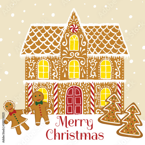 Merry Christmas greeting card with gingerbread house