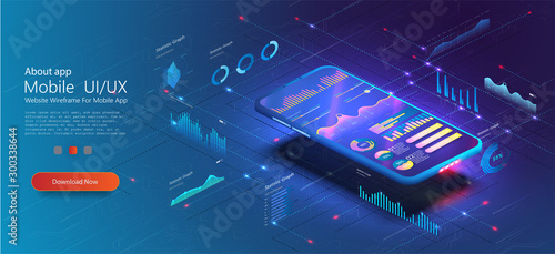 Online statistics and data Analytics UX/UI . Digital money market, investment, finance and trading. Analysis trends and financial strategy by using infographic chart. Vector concept illustration