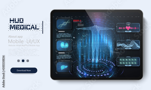  Healthcare futuristic scanning in HUD style. Ultrasound and cardiogram. Futuristic Medical Interface, virtual graphic touch UI/UX. Medical screening with medical application on tablet. HUD / GUI