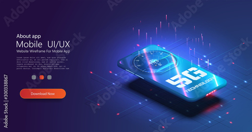 5G network wireless technology vector illustration. Isometric smartphone with big letters 5g and speed test. High-speed mobile Internet. Using modern digital devices. Web page template. Blue color.