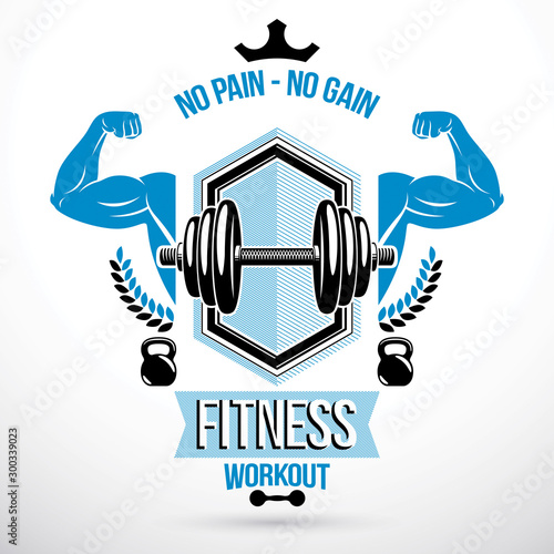 Graphic vector insignia created with strong sportsman biceps arm, disc weight dumb bell and kettle bell sport equipment. Gym and fitness symbol template