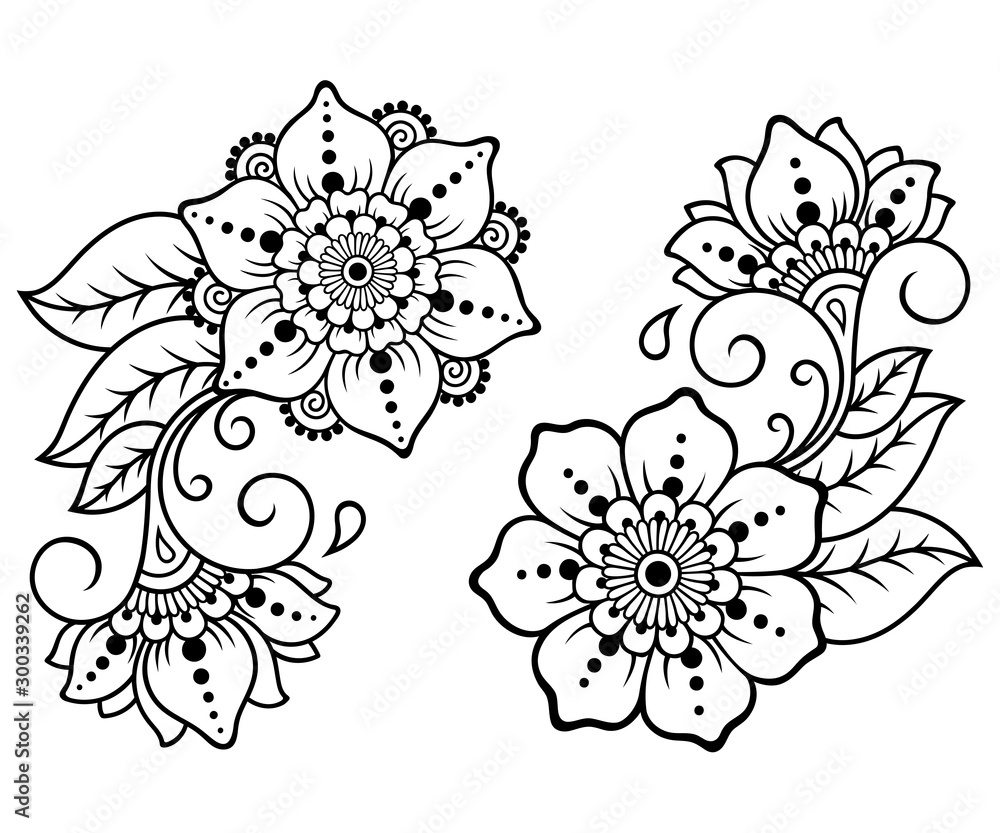 Fototapeta Set of Mehndi flower pattern for Henna drawing and tattoo. Decoration in ethnic oriental, Indian style. Doodle ornament. Outline hand draw vector illustration.
