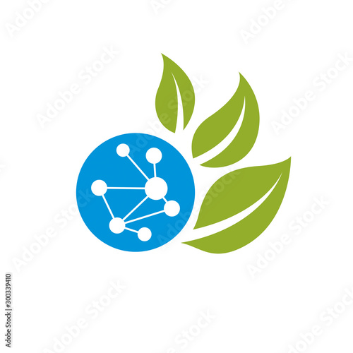 Vector illustration of green leaves and molecule mesh structure. Alternative medicine concept, phytotherapy metaphor .The interconnection of chemical analysis and homeopathy.