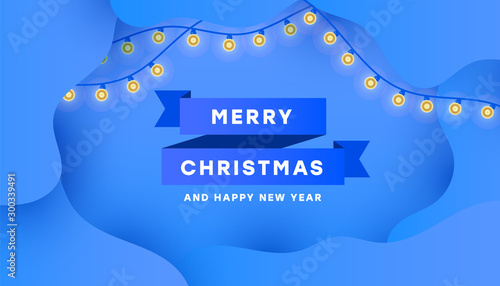 Merry Christmas and Happy New Year poster card with minimalistic blue ribbon and garland on blue background with place for text. Banner design.