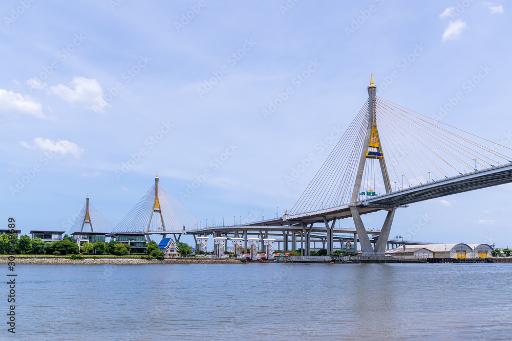 Bangkok, Thailand -  July 14, 2019: Bhumibol Bridge 1 and 2, the largest bridge over Chao Phraya river