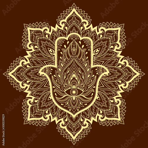 Circular pattern in form of mandala for Henna, Mehndi, tattoo, decoration. Decorative ornament in oriental style with Hamsa hand drawn symbol.