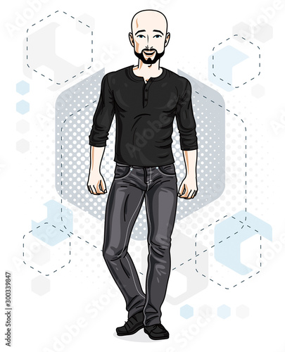 Confident handsome hairless young man standing. Vector illustration of male with beard and whiskers wearing casual clothes, jeans pants.