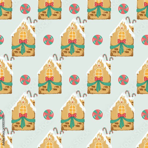 Cute Gingerbread House Vector Seamless Holiday Pattern