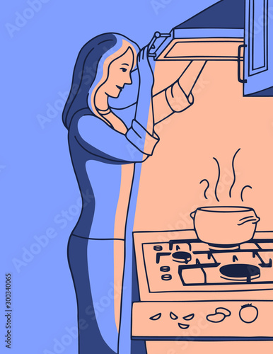 Vector illustration of a young woman cooking under the light of the lamp bulb from the hood at night. Woman cook soup, alone. Flat cartoon style.