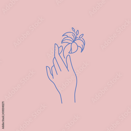 Vector design linear template logo or emblem - hand with tulip flowers. Abstract symbol for cosmetics and packaging or beauty products.