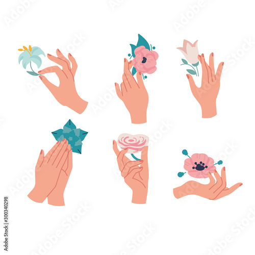 Vector design linear template logos or emblems - hands in in different gestures with flowers. Abstract symbol for cosmetics.