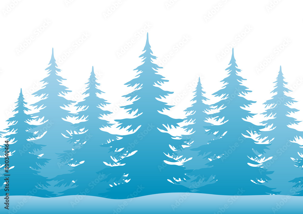Seamless Horizontal Christmas Holiday Background, Winter Landscape, Blue Fir Trees Silhouettes Isolated on White and Snowdrift. Vector