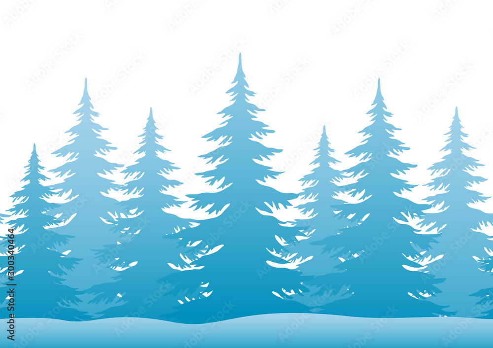 Obraz premium Seamless Horizontal Christmas Holiday Background, Winter Landscape, Blue Fir Trees Silhouettes Isolated on White and Snowdrift. Vector