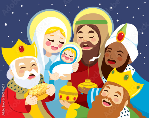 Illustration of nativity scene with Mary holding baby Jesus birth Joseph and three wise men bringing presents