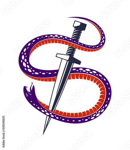 Dagger kills a Snake, defeated Serpent wraps around a sword vector vintage tattoo, Life is a Fight concept, allegorical logo or emblem of ancient symbol.