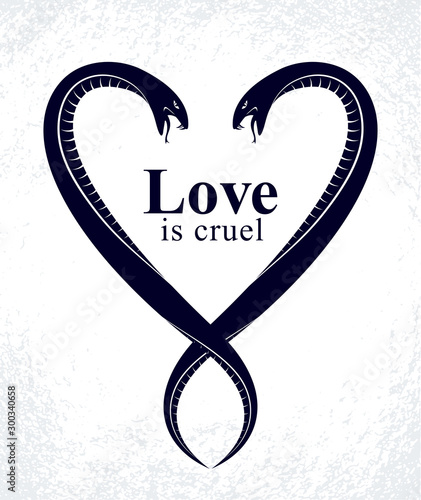 Two Snakes in a shape of heart, love is cruel concept, lovers couple arguing, quarrels in relations, vector logo emblem or tattoo in vintage classic style.