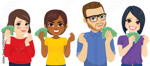 Group of four diverse people showing money and gesturing with hands