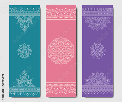 Set of design yoga mats. Floral and mandala pattern in oriental style for decoration sport equipment. Colorful ethnic Indian ornaments for spiritual serenity. Decor of business card, poster, print.