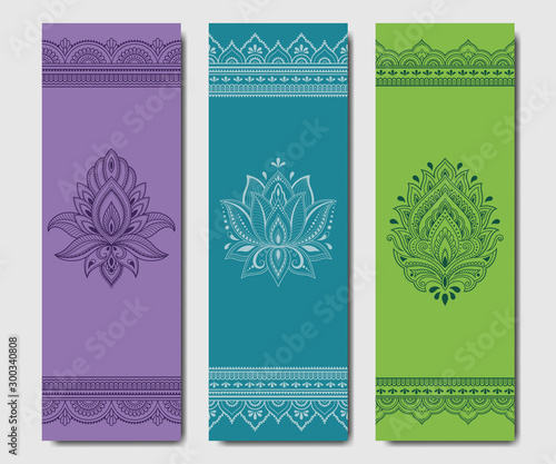 Set of design yoga mats. Floral and mandala pattern in oriental style for decoration sport equipment. Colorful ethnic Indian ornaments for spiritual serenity. Decor of business card, poster, print.