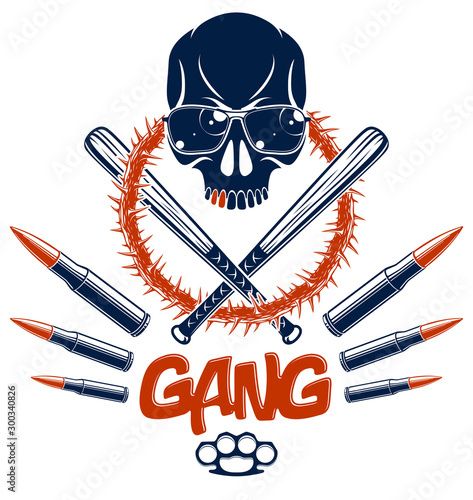Brutal gangster emblem or logo with aggressive skull baseball bats and other weapons and design elements, vector anarchy crime or terrorism retro style, ghetto revolutionary.